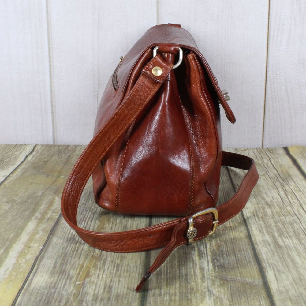 Marino Orlandi Brown Leather Flap Studded Plaid Lined Crossbody Purse Handbag - Picture 3 of 12